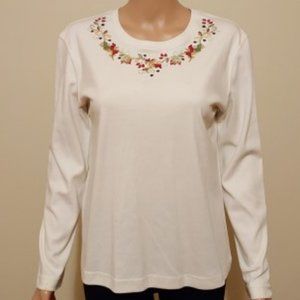 NIKKI Winter White Embroidered Multi Floral at below Neckline Top Size S NWT